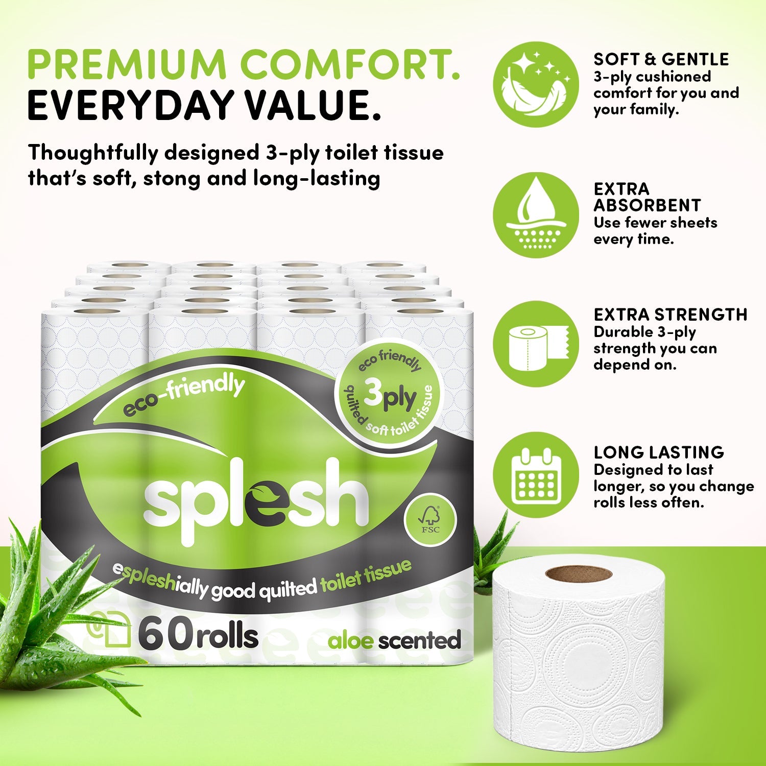 Splesh Toilet Roll Eco-Friendly, Soft & Quilted, Aloe Vera (60 Rolls)