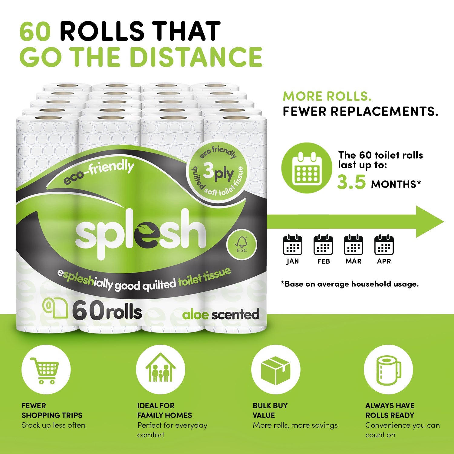 Splesh Toilet Roll Eco-Friendly, Soft & Quilted, Aloe Vera (60 Rolls)